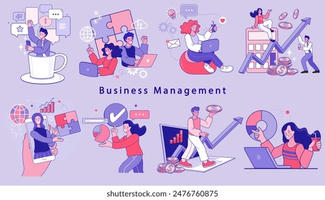 Financiar actividades comerciales. Conjunto de personas en diversas actividades de negocios en línea, puesta en marcha, gestión, desarrollo de proyectos, comunicación, medios sociales, análisis de datos. Concepto de negocio. Vector