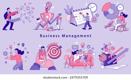 Financing business activities. Set of people in various activities of online business, startup, management, project development, communication, social media, data analysis. Business concept. vector