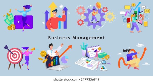 Financing business activities. Set of people in various activities of online business, startup, management, project development, communication, social media, data analysis. Business concept. vector