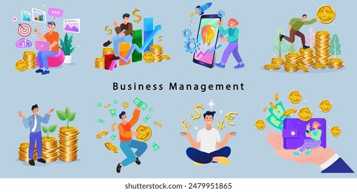 Financing business activities. Set of people in various activities of online business, startup, management, project development, communication, social media, data analysis. Business concept. vector