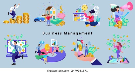 Financing business activities. Set of people in various activities of online business, startup, management, project development, communication, social media, data analysis. Business concept. vector