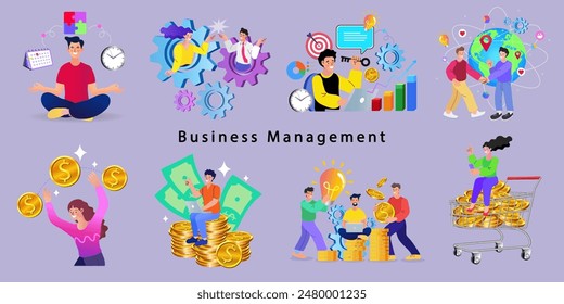 Financing business activities. Set of people in various activities of online business, startup, management, project development, communication, social media, data analysis. Business concept. vector