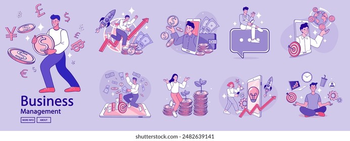 Financiar actividades comerciales. Conjunto de personas en diversas actividades de negocios en línea, puesta en marcha, gestión, desarrollo de proyectos, comunicación, medios sociales, análisis de datos. Concepto de negocio. Vector