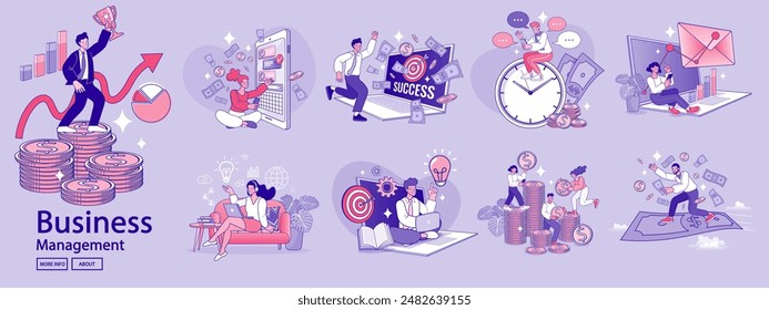 Financing business activities. Set of people in various activities of online business, startup, management, project development, communication, social media, data analysis. Business concept. vector