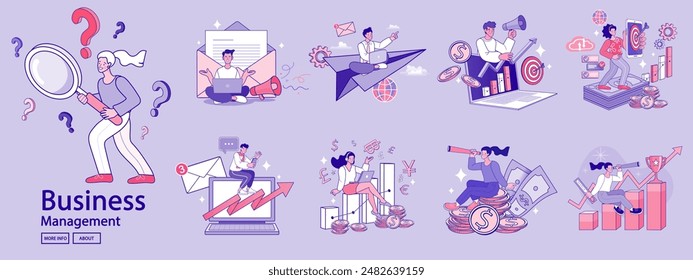 Financiar actividades comerciales. Conjunto de personas en diversas actividades de negocios en línea, puesta en marcha, gestión, desarrollo de proyectos, comunicación, medios sociales, análisis de datos. Concepto de negocio. Vector