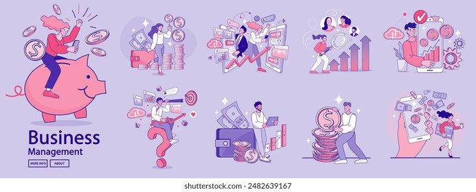 Financing business activities. Set of people in various activities of online business, startup, management, project development, communication, social media, data analysis. Business concept. vector