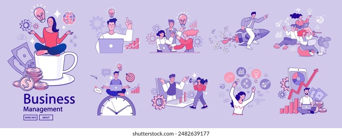 Financiar actividades comerciales. Conjunto de personas en diversas actividades de negocios en línea, puesta en marcha, gestión, desarrollo de proyectos, comunicación, medios sociales, análisis de datos. Concepto de negocio. Vector