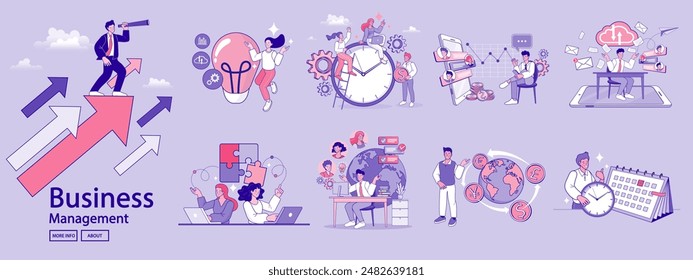 Financiar actividades comerciales. Conjunto de personas en diversas actividades de negocios en línea, puesta en marcha, gestión, desarrollo de proyectos, comunicación, medios sociales, análisis de datos. Concepto de negocio. Vector