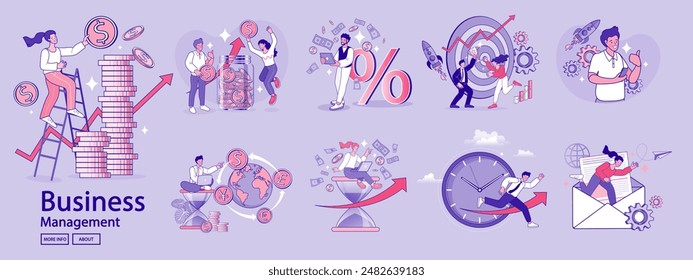 Financiar actividades comerciales. Conjunto de personas en diversas actividades de negocios en línea, puesta en marcha, gestión, desarrollo de proyectos, comunicación, medios sociales, análisis de datos. Concepto de negocio. Vector