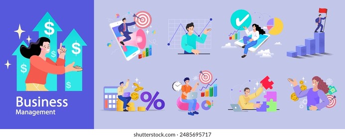 Financing business activities. Set of people in various activities of online business, startup, management, project development, communication, social media, data analysis. Business concept. vector