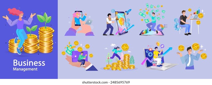 Financing business activities. Set of people in various activities of online business, startup, management, project development, communication, social media, data analysis. Business concept. vector