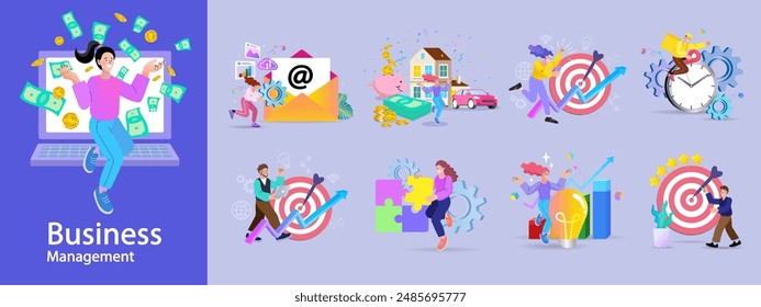 Financing business activities. Set of people in various activities of online business, startup, management, project development, communication, social media, data analysis. Business concept. vector