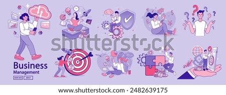 Financing business activities. Set of people in various activities of online business, startup, management, project development, communication, social media, data analysis. Business concept. vector