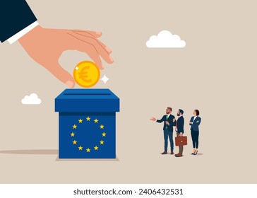 Financing EU. Hand putting coin a piggy bank money savings European Union. Modern vector illustration in flat style