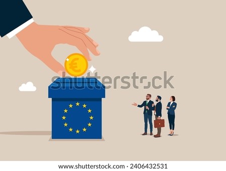 Financing EU. Hand putting coin a piggy bank money savings European Union. Modern vector illustration in flat style