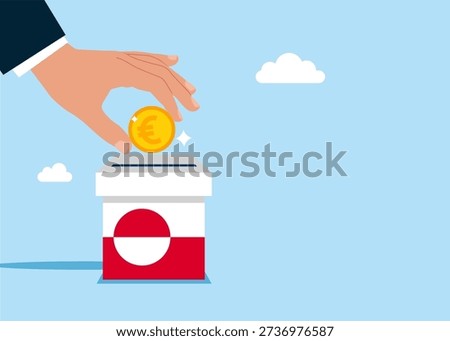 Financing Greenland. Hand putting coin a piggy bank euro money savings Greenland. Modern vector illustration in flat style