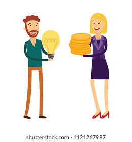Financing new business idea concept with man holding light bulb and female banker or financier with money coins - isolated flat cartoon vector illustration of loan for project startup.