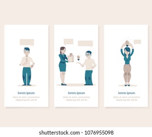 Financing new projects and startups vertical banners set with banker or investor holding dollars money and young creators having business ideas. Flat cartoon vector illustration.