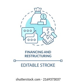 Financing and restructuring turquoise concept icon. Complete sale agreement. Merger abstract idea thin line illustration. Isolated outline drawing. Editable stroke. Arial, Myriad Pro-Bold fonts used