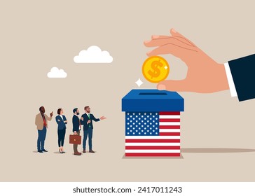 Financing United States of America. Hand putting coin a piggy bank money savings box USA. Modern vector illustration in flat style