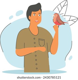 Finch Sentado en las personas Concepto de la mano, criador de aves o diseño de vector más elegante, Cuidado de mascotas o sentado Símbolo, abordaje y entrenamiento de animales Signo, mamíferos y amistad humana ilustración de stock