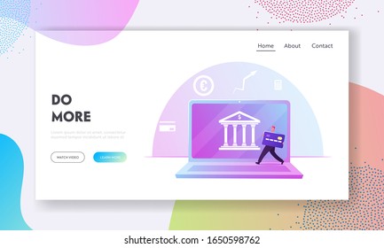 Página de Aterrizaje del Sitio Web de Pago sin Causas de Finctech, Financial Technologies. Empresario con tarjeta de crédito que pasa por ordenador portátil con edificio bancario en la página web de pantalla Banner. Ilustración de vectores planos de caricaturas