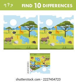 Find the 10 difference. Funny animals on the background of African landscape. Vector illustration of a game for children