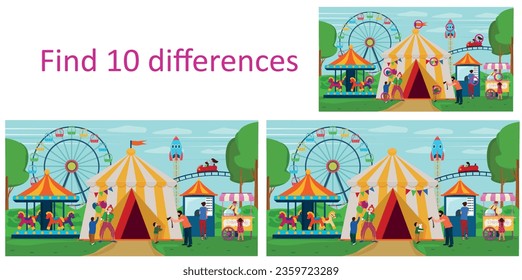 Find 10 differences in an amusement park with attractions. Educational games for children. Vector illustration.