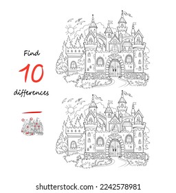 Find 10 differences. Black and white illustration of medieval castle. Logic puzzle game for children and adults. Page for kids brain teaser book. Developing counting skills. Flat vector drawing.