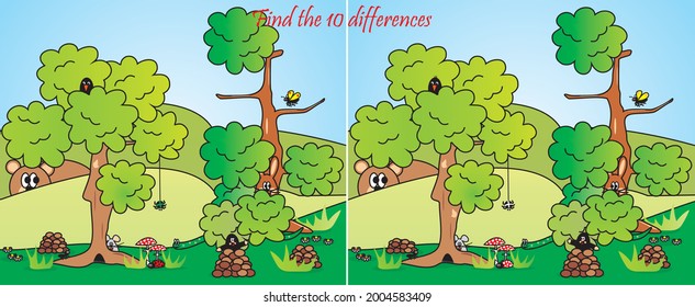 find 10 differences, board game, animals in nature, vector illustration
