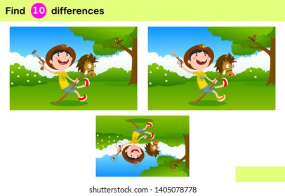   Encuentre 10 diferencias. El niño es un vaquero, un niño está jugando en el parque. Juego educativo para niños. Ilustración vectorial de dibujos animados. 
