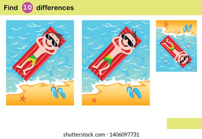 Find 10 differences. The boy is floating on an air mattress. Boy resting beach sea.  Rest on the beach.