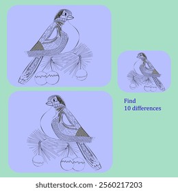 Find 10 differences of bullfinch birds, painted in the zentang style, in a puzzle for children over 6 years old