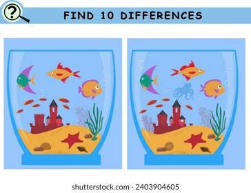 Encuentra 10 diferencias. Acuario de dibujos animados con peces, piedras, plantas marinas, castillo. Juego lógico educativo para niños. Ilustración vectorial.