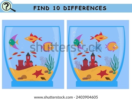 Find 10 differences. Cartoon aquarium with fish, stones, sea plant, castle. Educational logical game for children. Vector illustration.