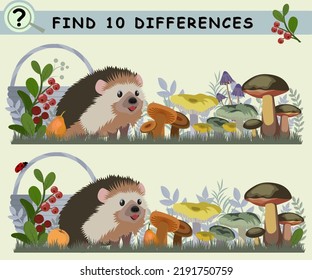 Find 10 differences. Cartoon hedgehog, mushrooms, berries ladybug. Educational logical game for children. Vector illustration.