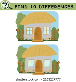 Encuentra 10 diferencias. Casa de caricaturas con valla de mimbre. Juego lógico educativo para niños. Ilustración vectorial.