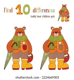 Find 10 differences children quiz with cute colorful bear animal character vector illustration