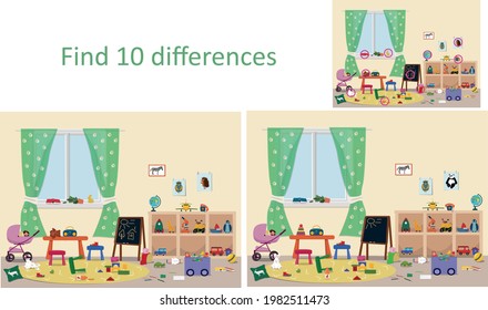 Find 10 differences in the children's room with scattered toys.   Educational games for children.   Children's logic puzzles, the task of mindfulness. Vector illustration.