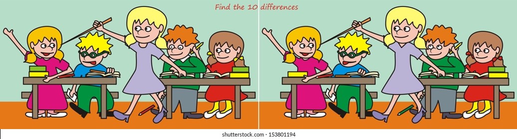Find 10 differences, classroom, vector illustration, leisure activity
