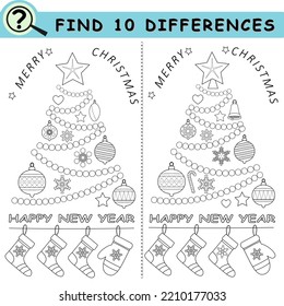 Find 10 differences. Coloring book  page with christmas elements. Educational logical game for children. Vector illustration.