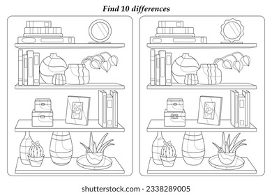 Find 10 differences. Coloring book for adults and children. Various items on the shelves.