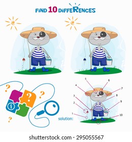 Find 10 differences. Cute cat. Cartoon Vector Illustration.