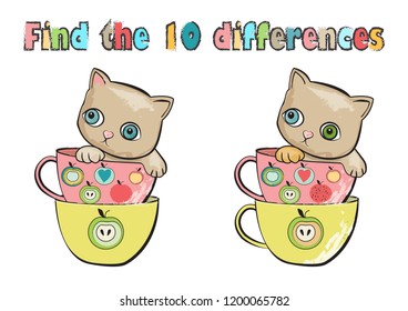 Find 10 Differences. Cute cats in a dotted cups. Vector illustration in a hand-drawn style.