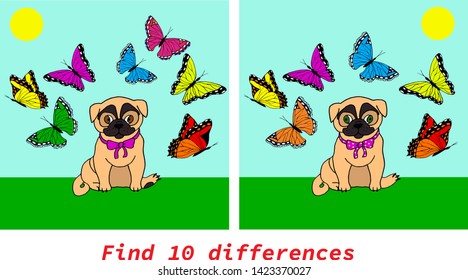 Find 10 differences cute dog pug sitting on the grass butterflies flying around for children developmental activities illustration