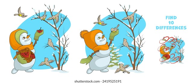 Finden Sie 10 Unterschiede. Cute Schneemann Mädchen füttert Vögel im Winterwald. Erziehungsspiel für Vorschulbücher, Drucksachen und Design.