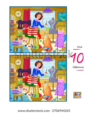 Find 10 differences. Drawing of a seamstress working in her workshop. Logic puzzle game for children and adults. Kids brain teaser book. IQ test for smartest. Hand drawn flat vector illustration.