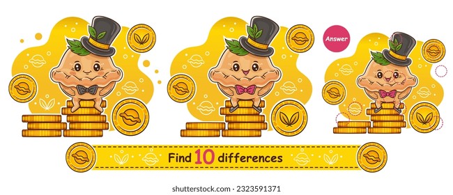 Find 10 differences education children game. Cute rich dumpling businessman, bun dough gentleman food character sit on gold coins money. Search match, compare pictures. Kid learning logic task. Vector