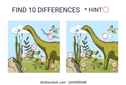 Find 10 differences. Educational funny game for children. Puzzle for children, kid. Print and play with dino. Cartoon vector diplodocus dinosaur illustration.