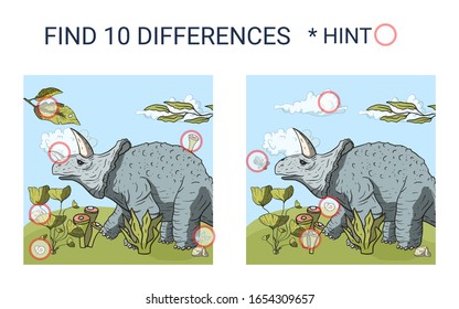 Find 10 differences. Educational funny game for children. Puzzle for children, kid. Print and play with dino. Cartoon vector triceratops dinosaur illustration.